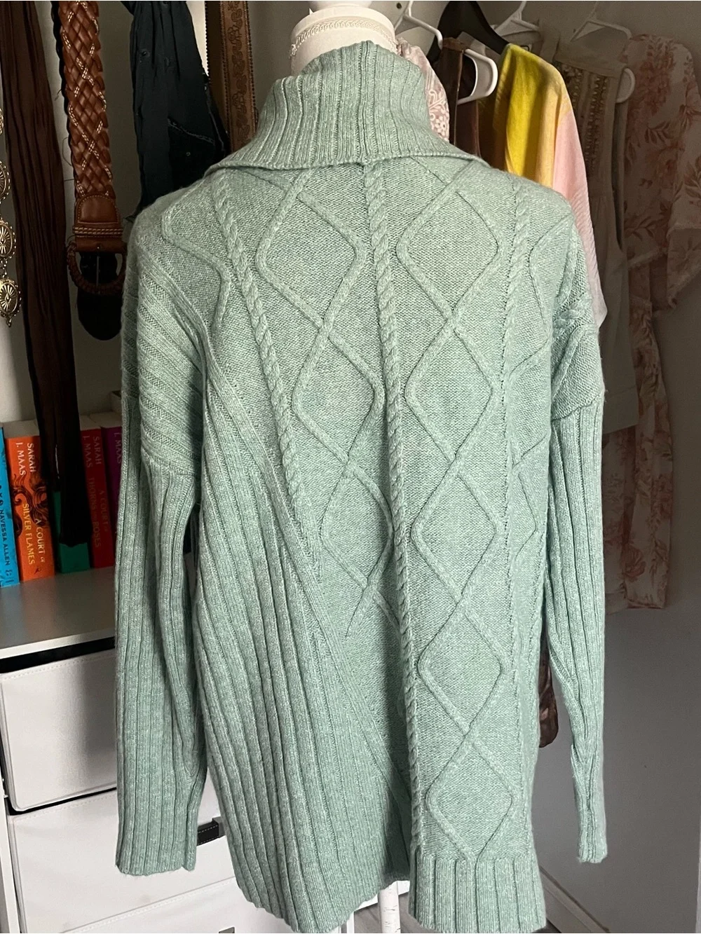 Soft Surroundings Cable-Knit Button-Side Turtleneck Sweater - Sage Green NWT